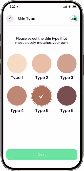 Skin type selection screen for dermatology image assessment