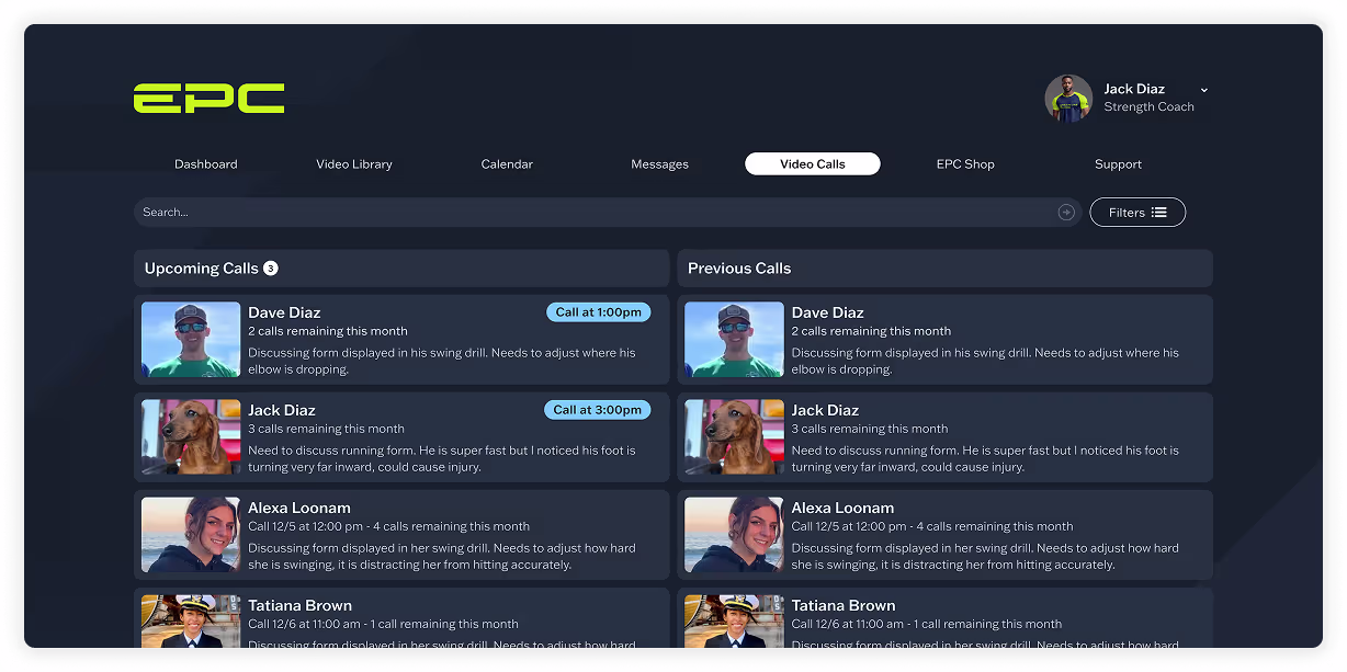 Admin panel for upcoming coaching sessions and call scheduling