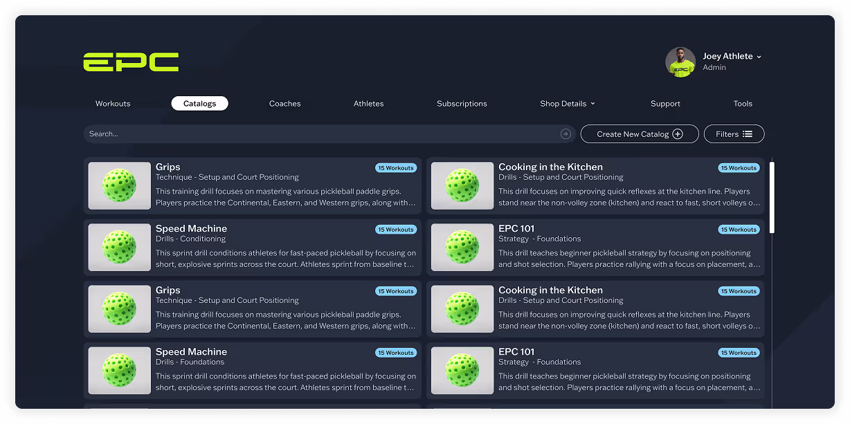 Admin panel for managing content catalogs and training resources