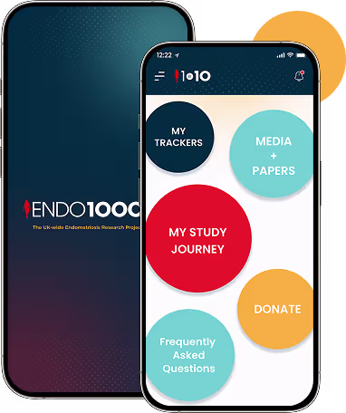 ENDO1000 mobile app screens for endometriosis symptom tracking and research participation