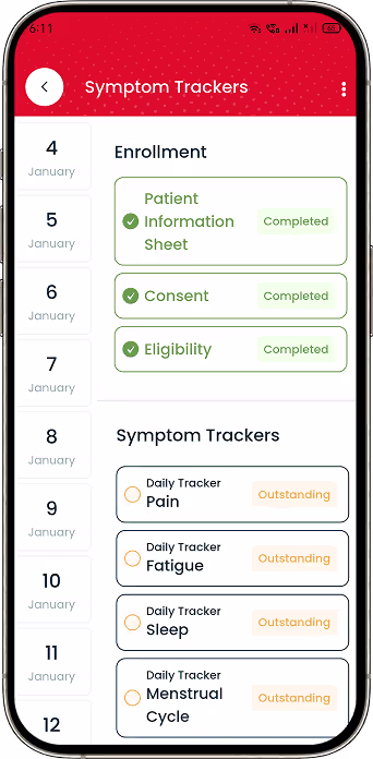 Endometriosis symptom and health tracking screen with pain fatigue and medication data