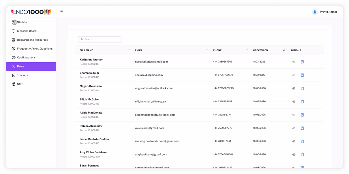 Research admin panel for participant management