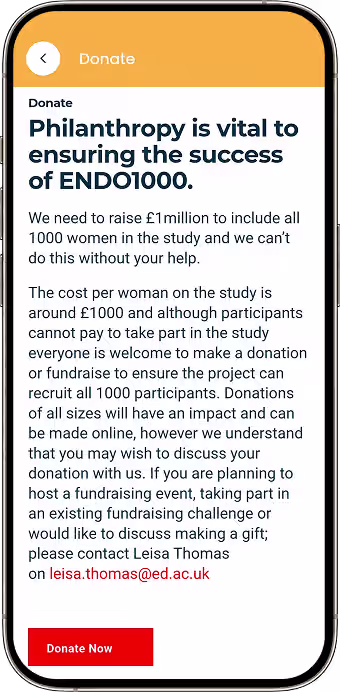 Donation support screen with research funding links