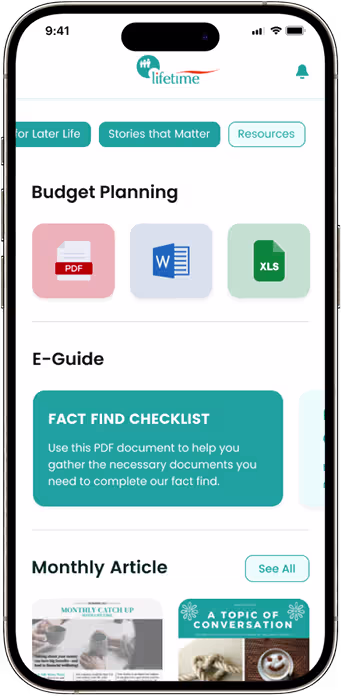 Financial literacy learning resources screen with educational videos and articles