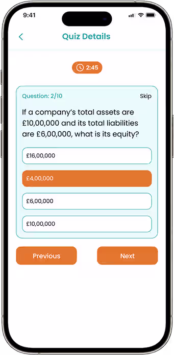 Financial literacy quiz screen for knowledge assessment and learning engagement