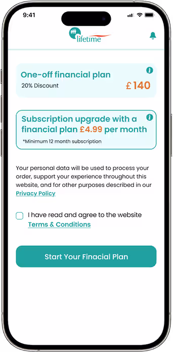 Financial wellbeing app subscription and payment screen with Stripe billing