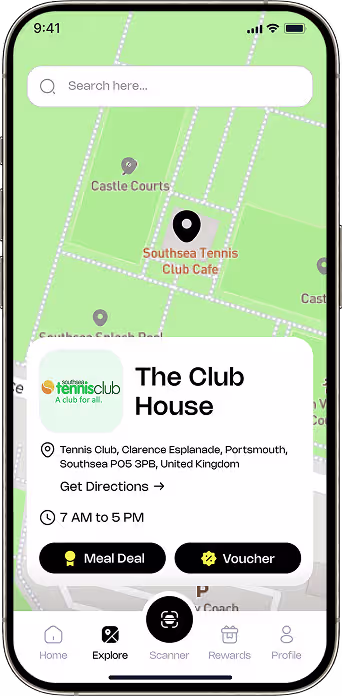 Location based business discovery map with rewards and opening hours