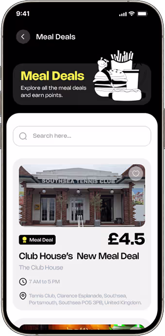 Meal deals and discount rewards screen for student offers