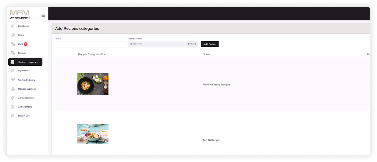 Fitness admin dashboard for content and user management
