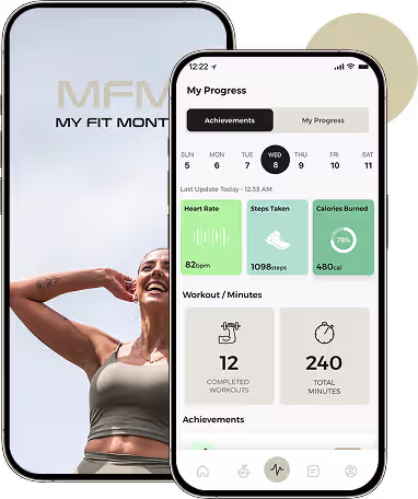 My Fit Month mobile app screens for workouts nutrition and progress tracking