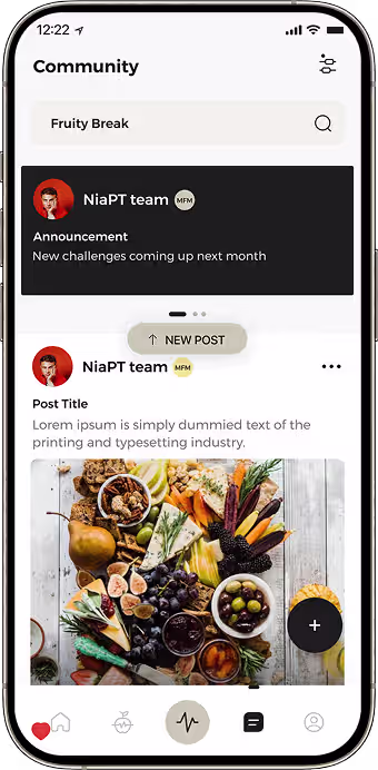Fitness community feed for member posts and interaction