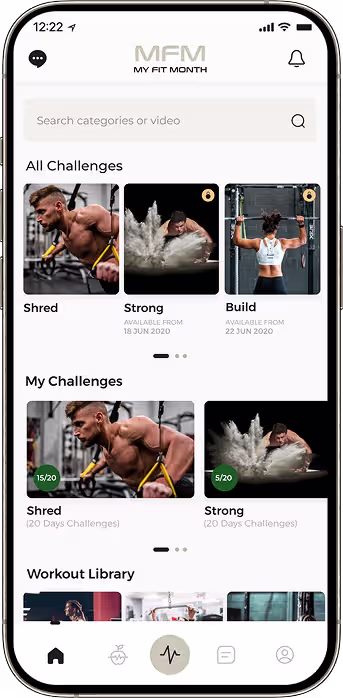 Fitness workout library with categorized training videos