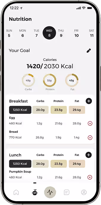 Nutrition tracking screen with meals calories and macro logging