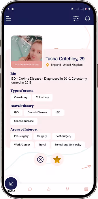 Detailed user profile screen with condition status interests and language