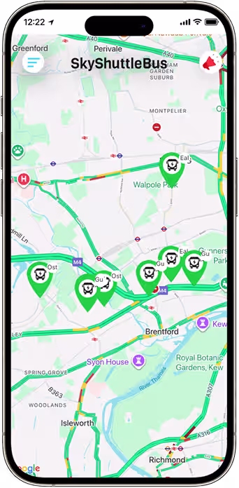 Shuttle live tracking map with real time bus location pins